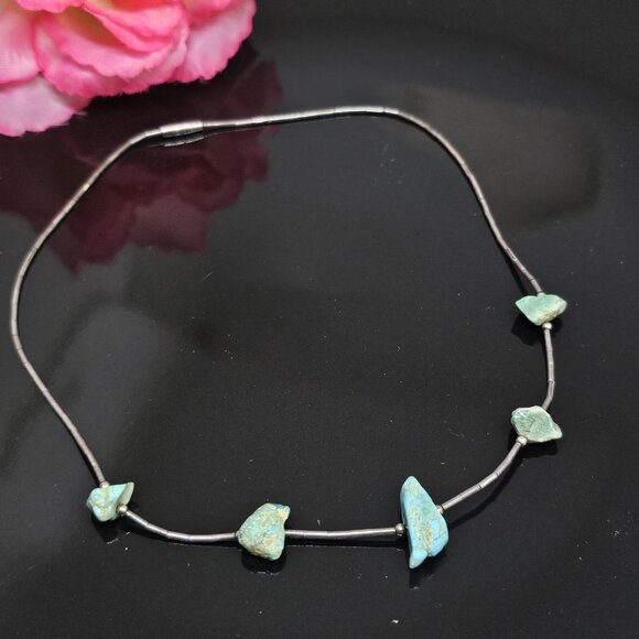 Southwestern Turquoise Nugget Liquid 925 Sterling Silver Necklace Choker 15" - Picture 4 of 11